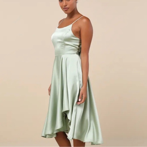 Lulu's Sage Satin Midi Dress Asymmetrical Tie-Back - Picture 2 of 4